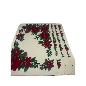 VTG Christmas Poinsettia Placemats 4Pcs Green Gold Holiday Table Decor Placemats